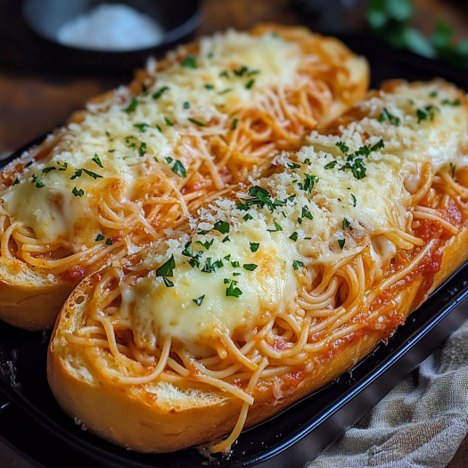 A plate of spaghetti stuffed garlic bread subs.