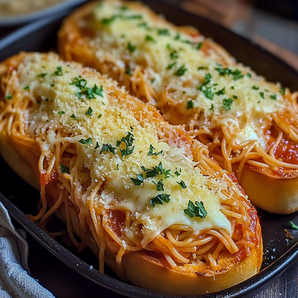 Two spaghetti stuffed garlic bread subs.
