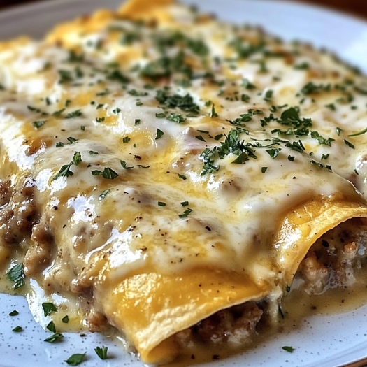 A plate of food with a yellow sauce and sausage.