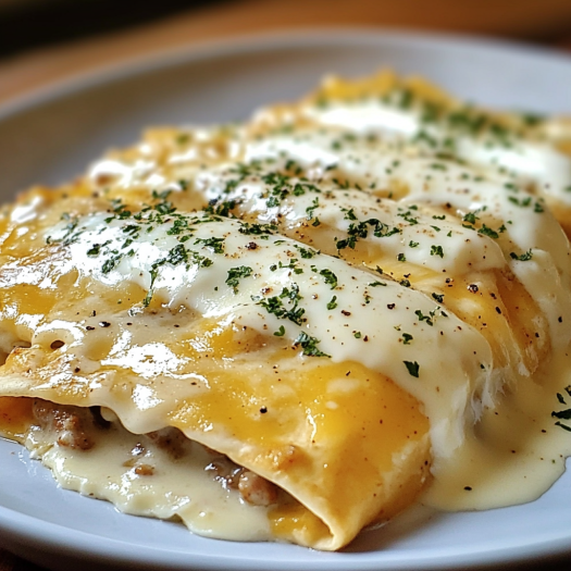A plate of food with a white sauce on top.