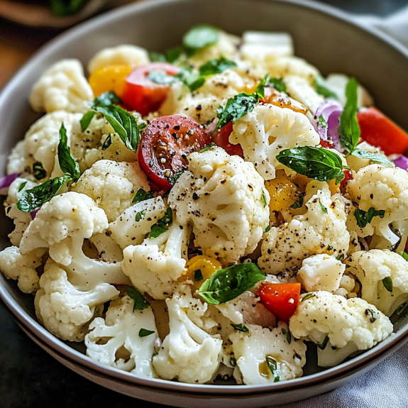 A bowl of cauliflower salad with tomatoes, onions, and herbs.