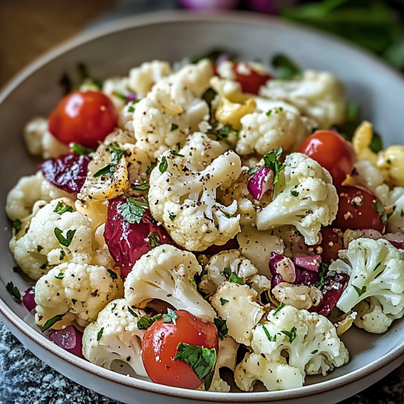 A dish of cauliflower with tomatoes and herbs.