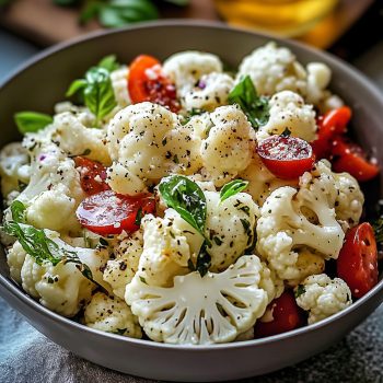 A bowl of cauliflower salad with tomatoes and basil.