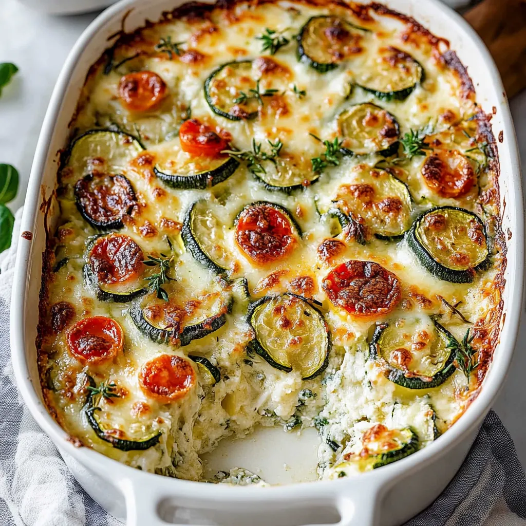 A casserole with zucchini, tomatoes and cheese.