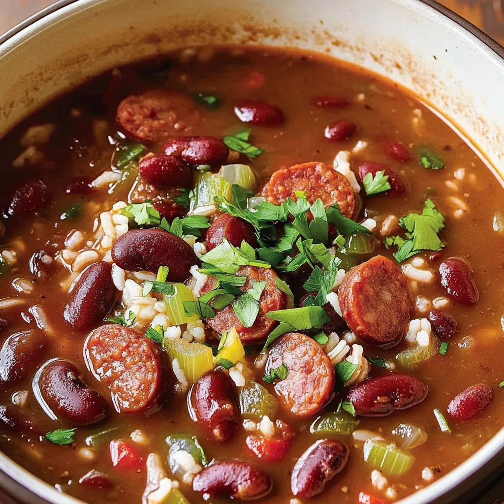 A bowl of soup loaded with sausage and beans.