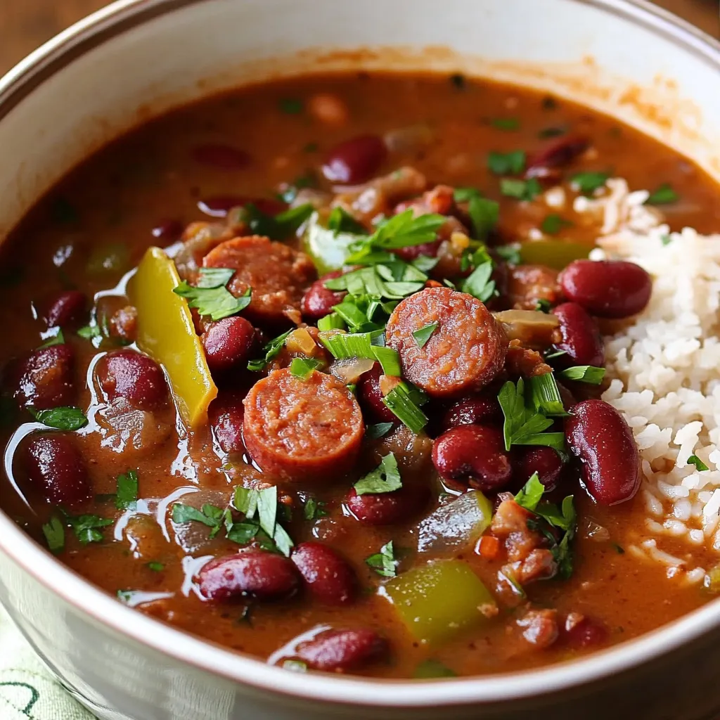 A bowl of soup loaded with sausage and beans.