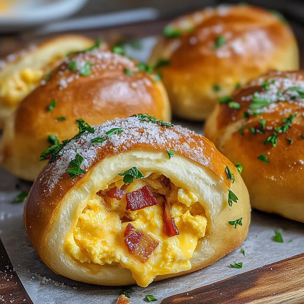Stuffed breakfast pretzel rolls with bacon and egg.