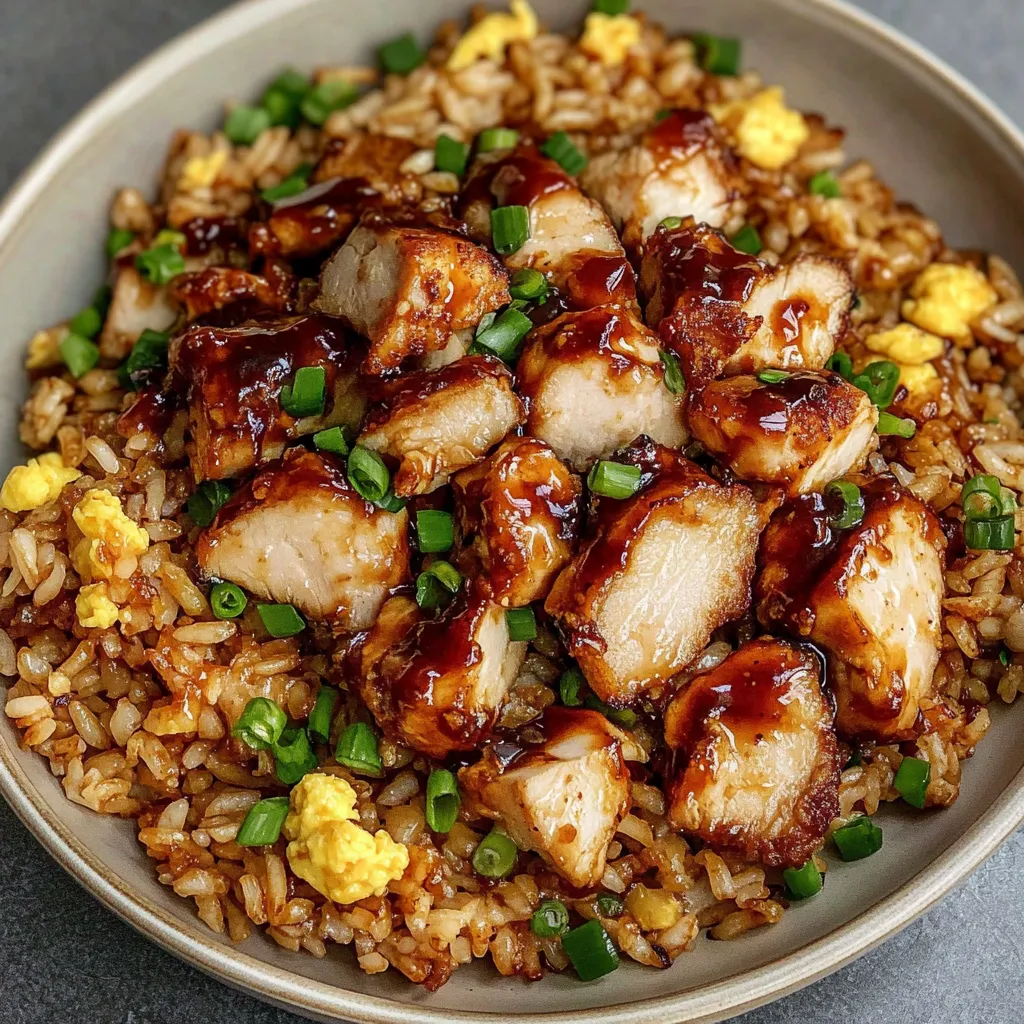 A bowl of BBQ chicken fried rice.