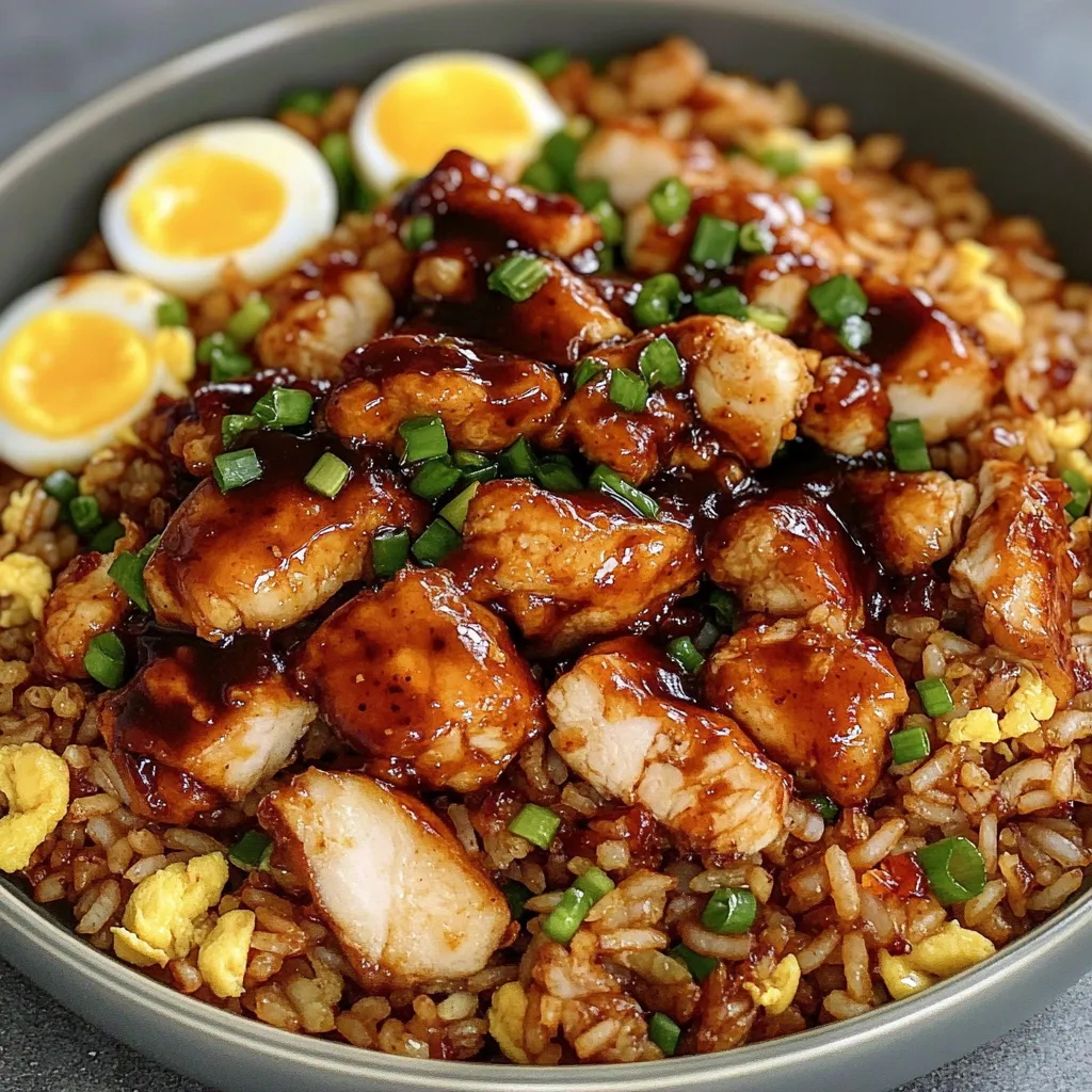 A bowl of BBQ chicken fried rice.