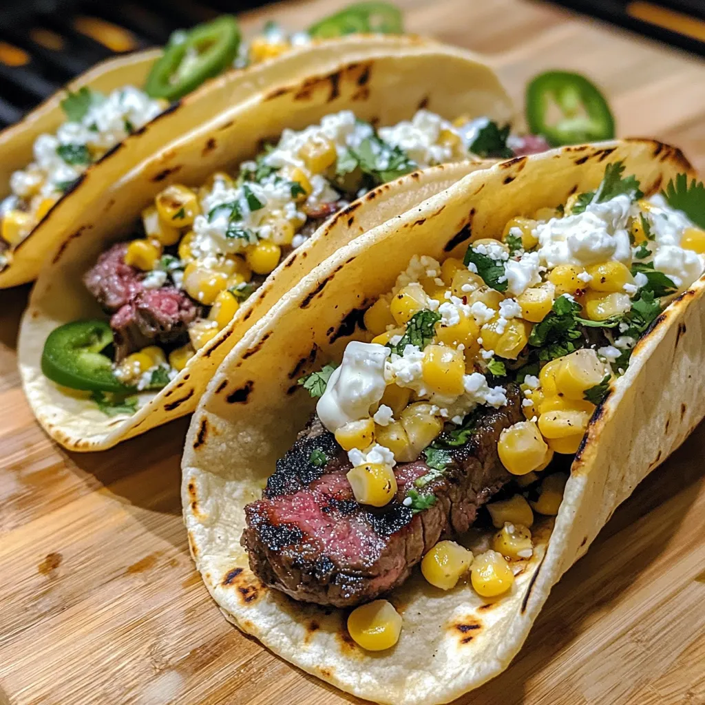 Grilled elote steak tacos with corn and cheese.