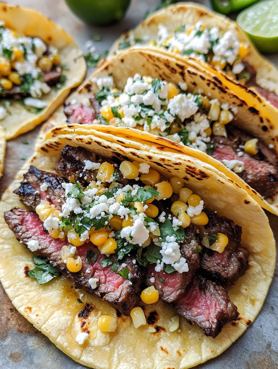 Grilled elote steak tacos with blue cheese and corn.