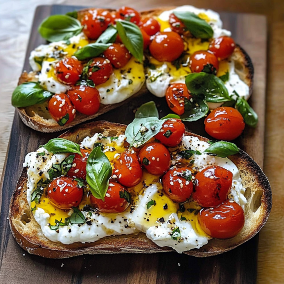 A slice of bread with tomatoes and basil on top.