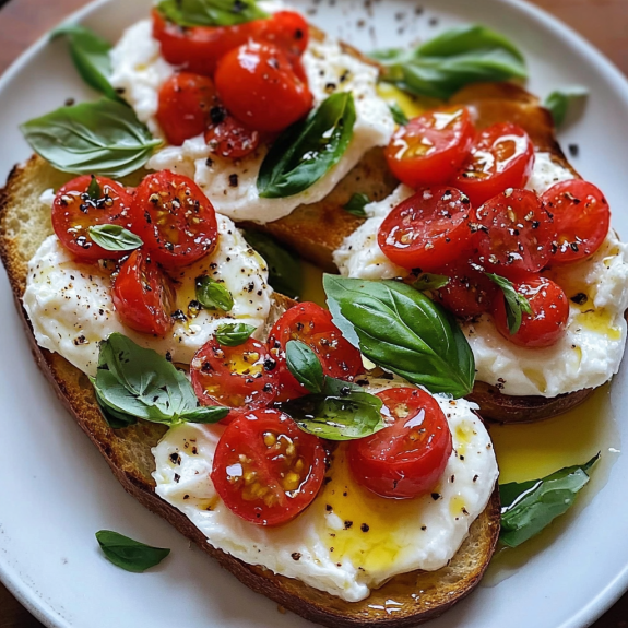 A plate of burrata bruschetta with tomatoes and basil.