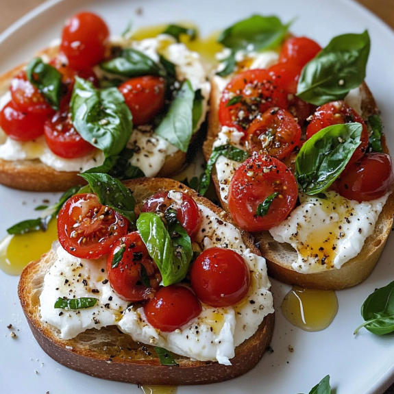 A plate of Burrata Bruschetta Tomato Basil.