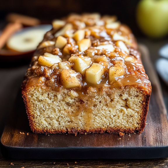 A slice of homestyle apple cinnamon loaf.