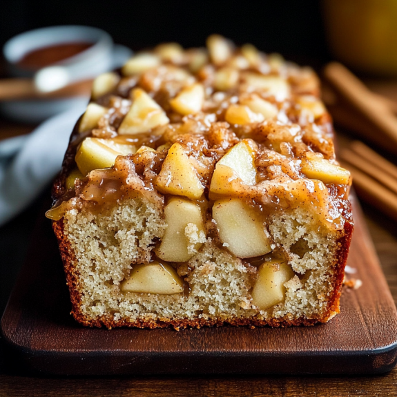 A slice of homestyle apple cinnamon loaf.