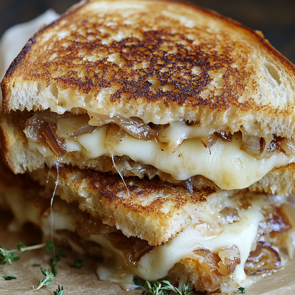 A sandwich with cheese and onions.