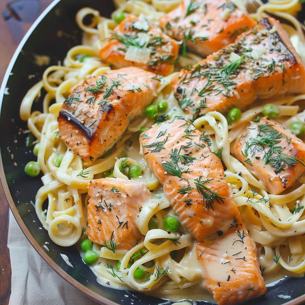 A pan of food with salmon and noodles.