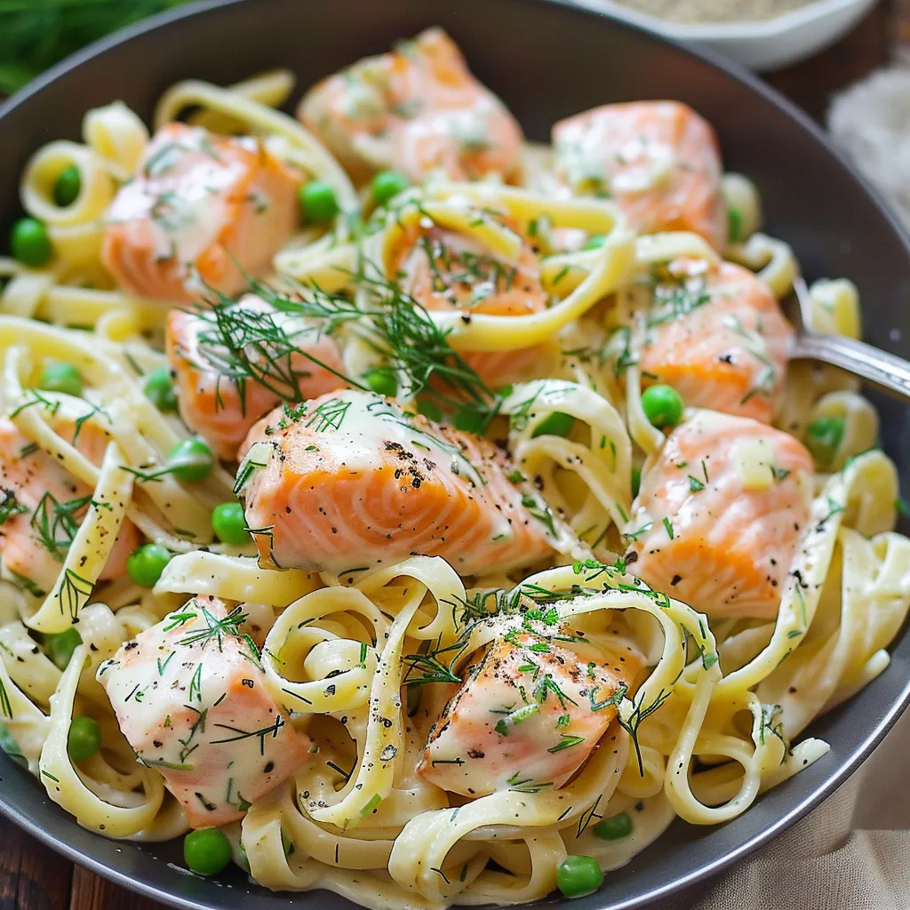 A bowl of pasta with salmon and peas.