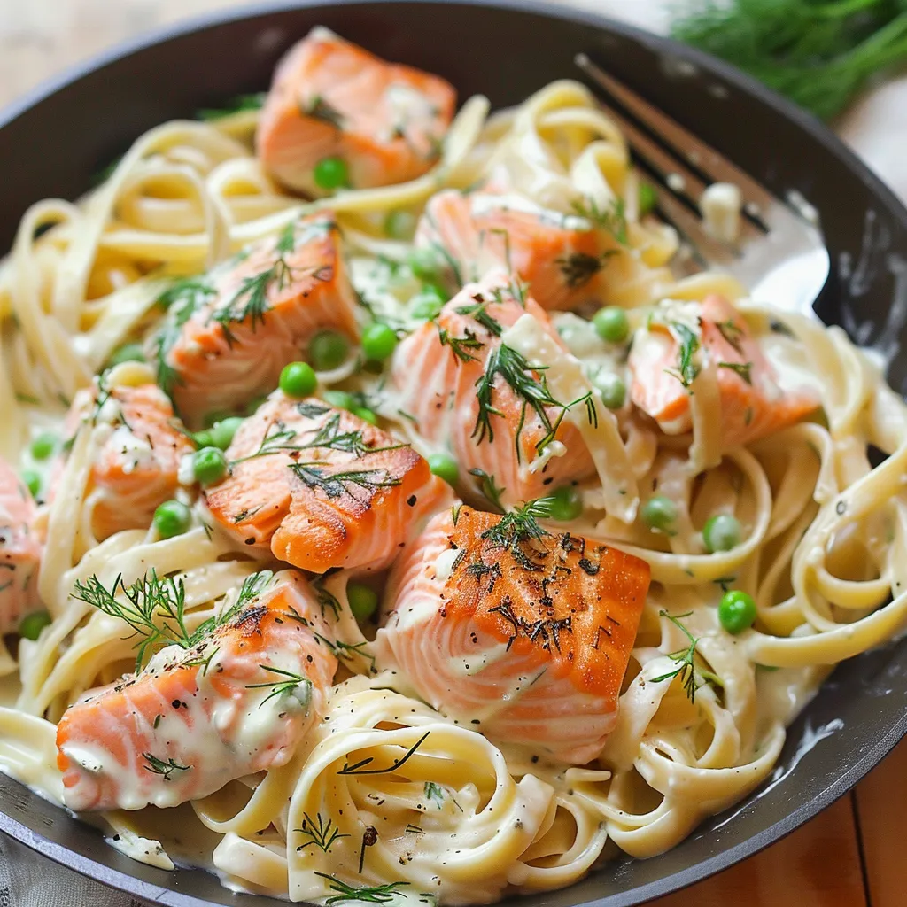 A bowl of pasta with salmon and peas.