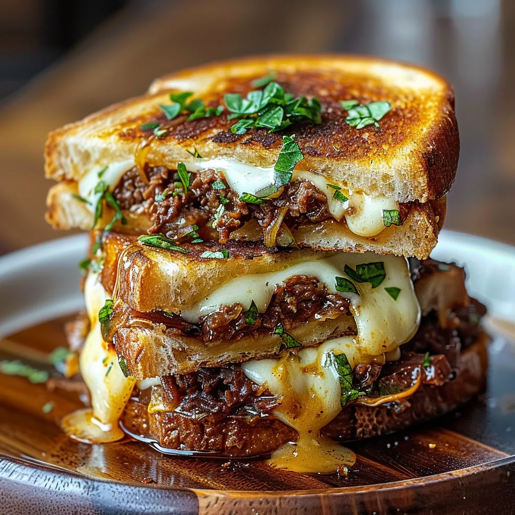 A sandwich with meat and cheese on a wooden cutting board.