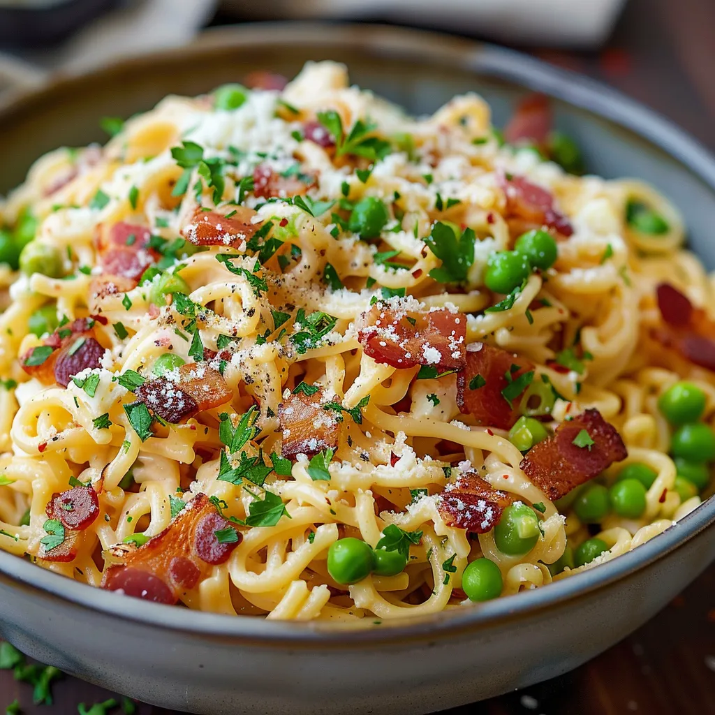 A bowl of pasta with peas and bacon.
