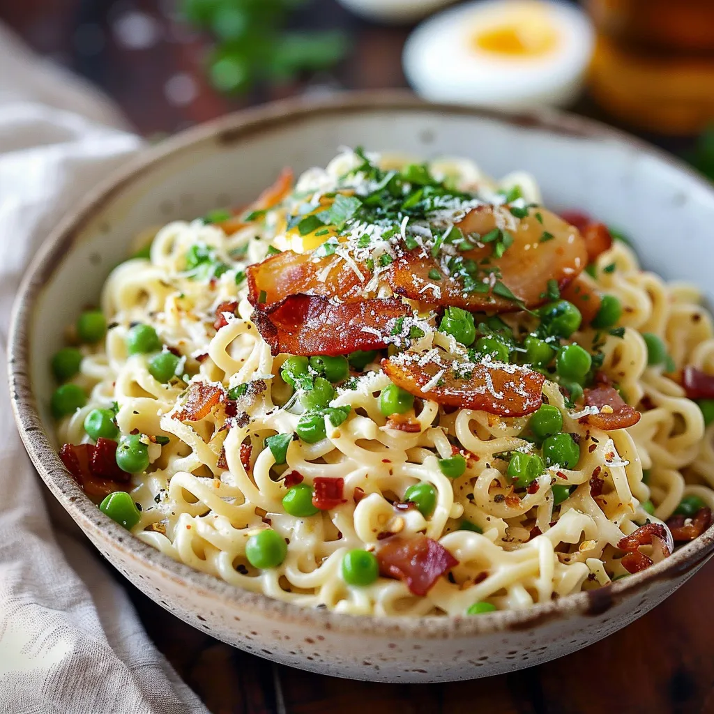 A bowl of pasta with bacon and peas.