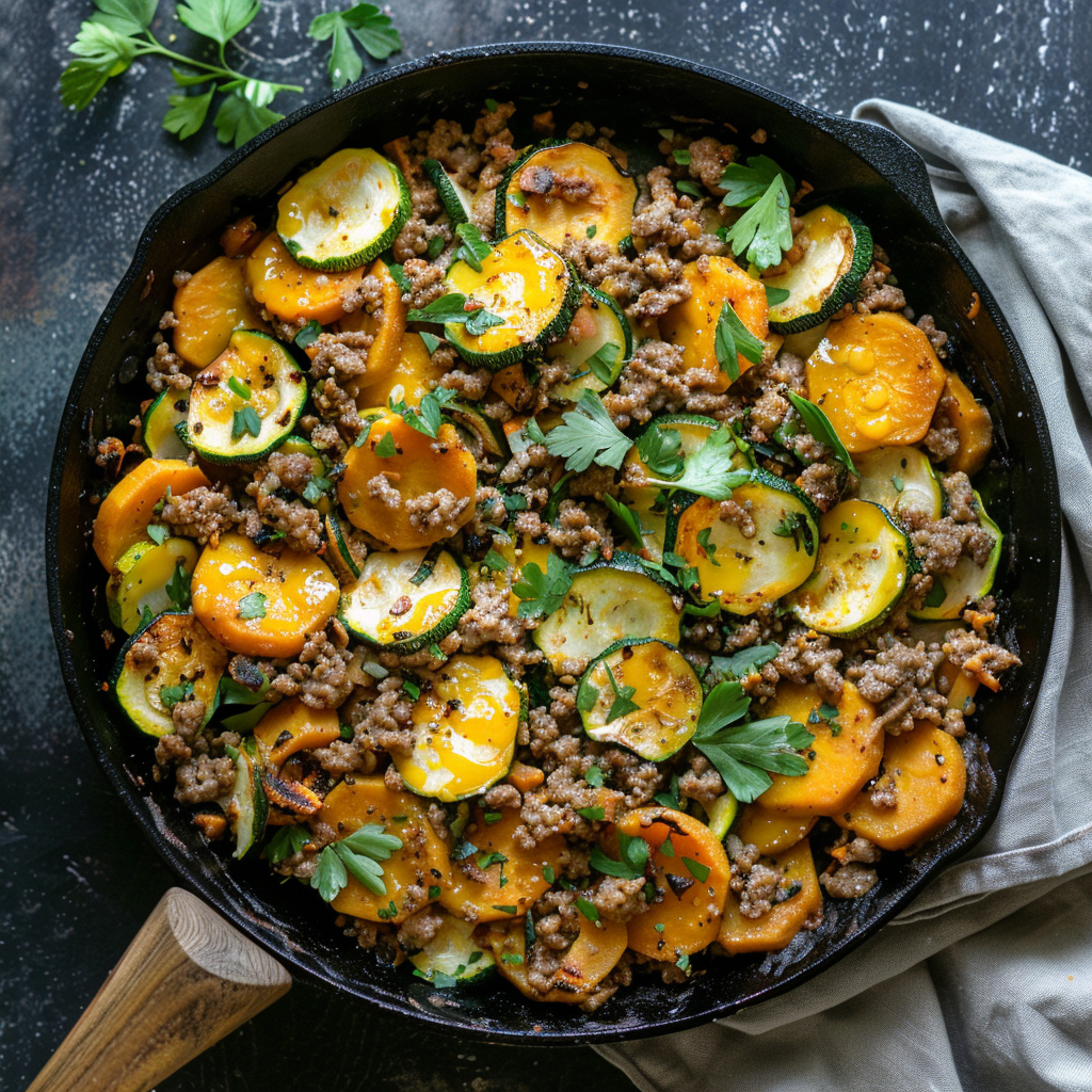 A pan of food with meat and vegetables.