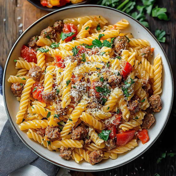 A bowl of sausage, peppers, and pasta.