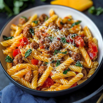 A bowl of sausage, peppers and pasta.