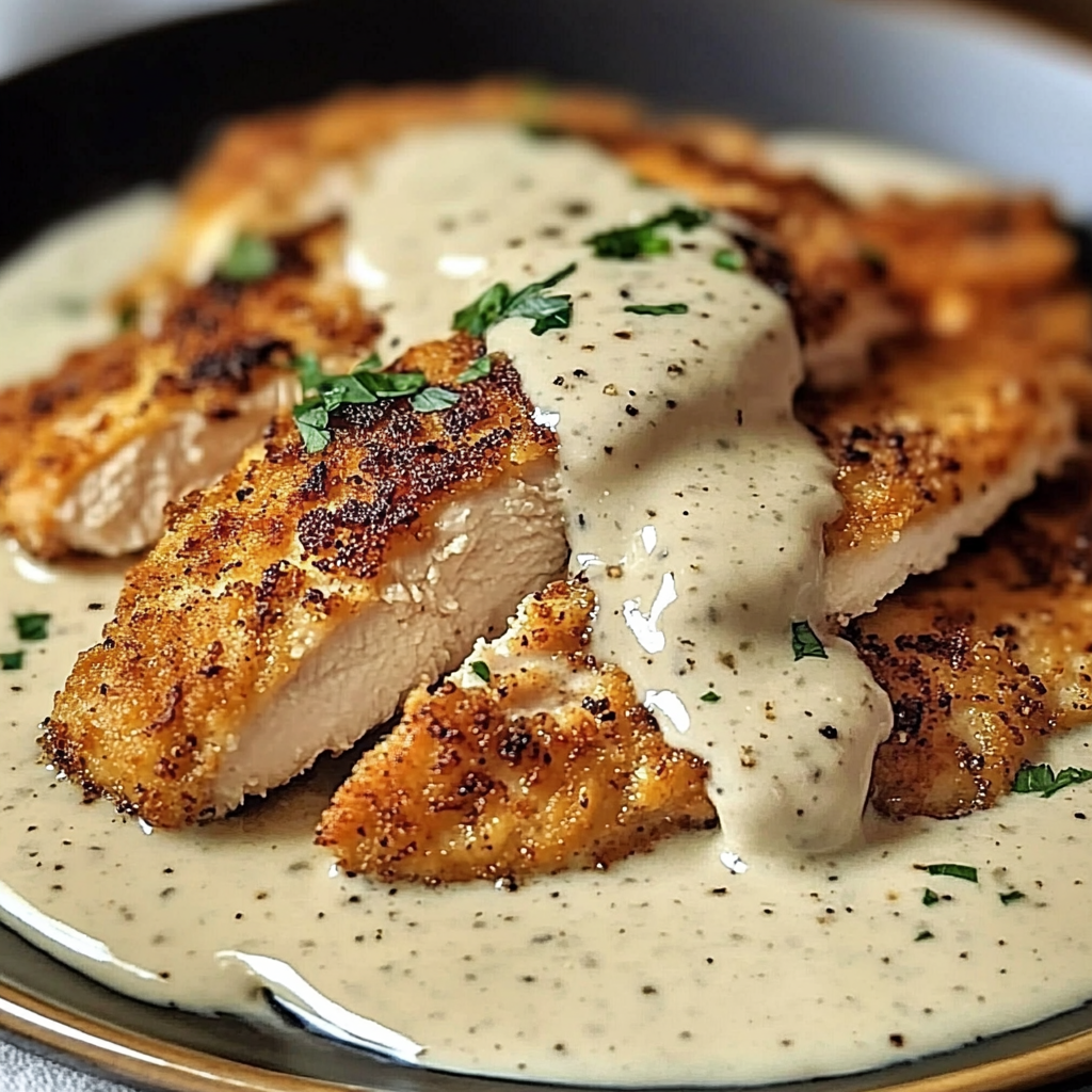 A plate of Parmesan crusted chicken with creamy garlic sauce.