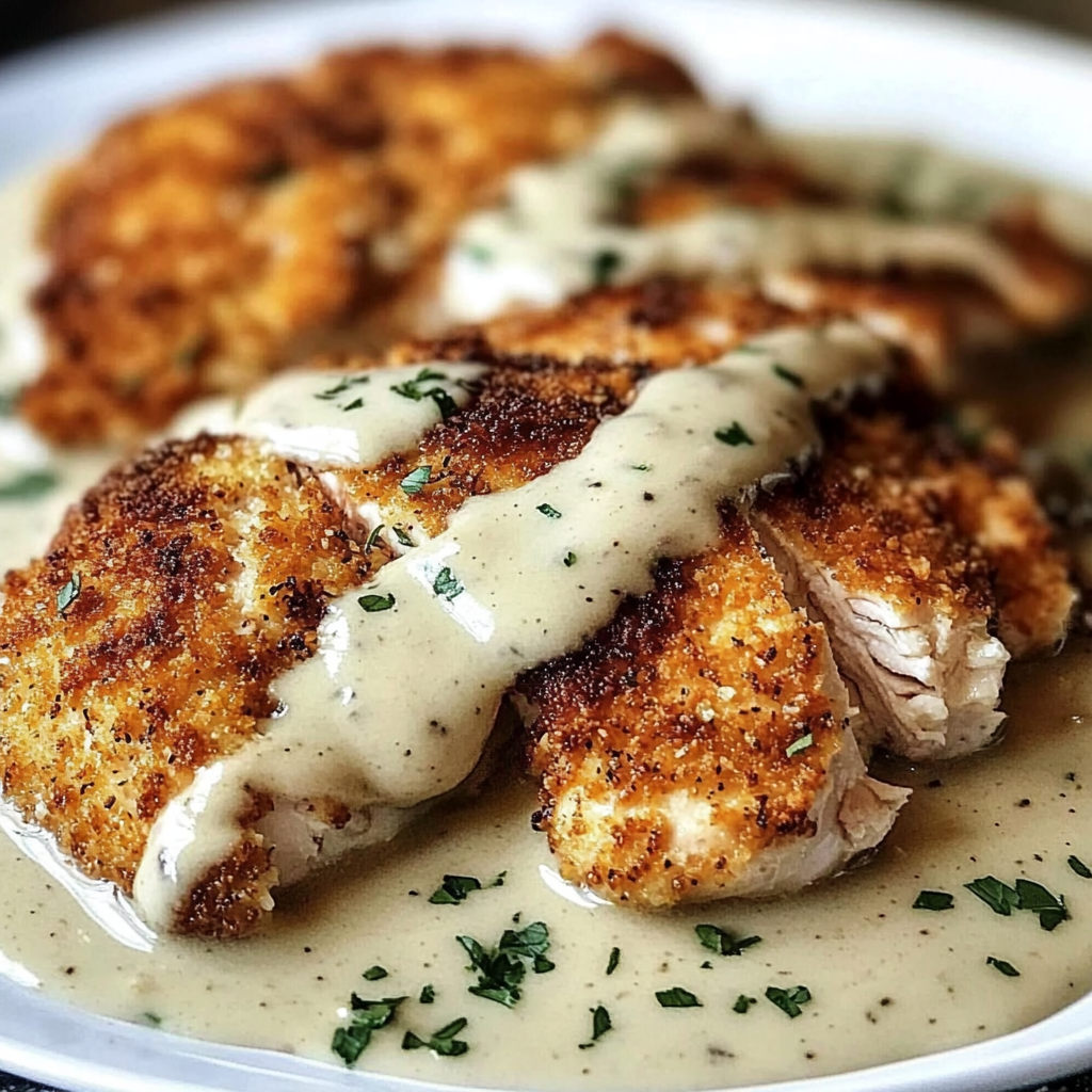 A plate of Parmesan crusted chicken with creamy garlic sauce.
