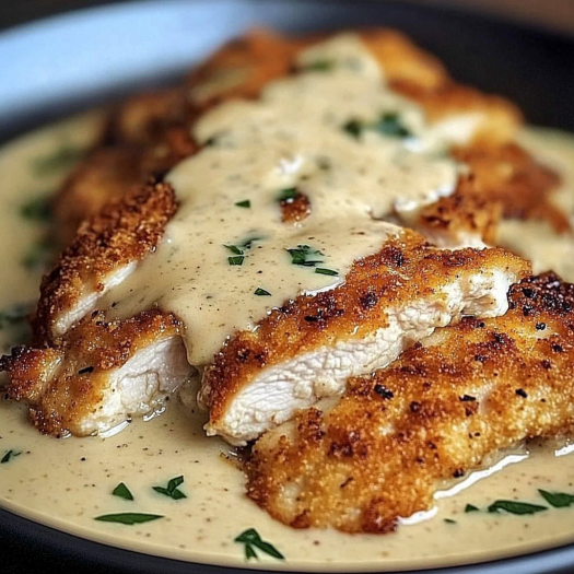 A plate of Parmesan crusted chicken with creamy garlic sauce.
