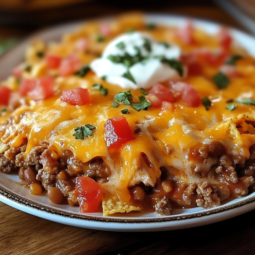 A Mexican casserole with tomatoes, cheese, and sour cream.