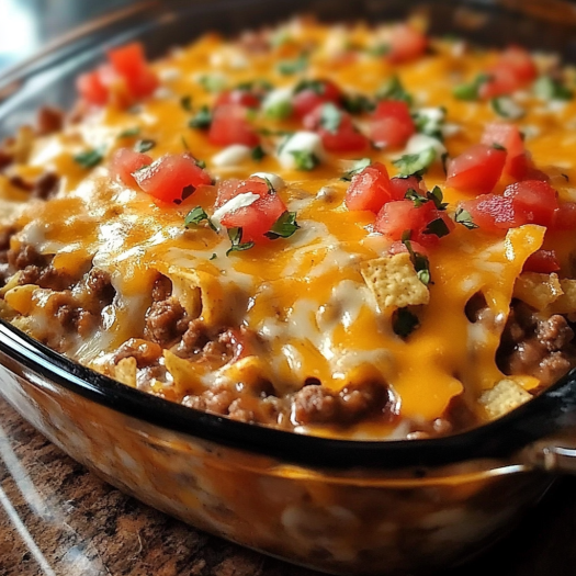 A Mexican casserole with tomatoes, cheese, and jalapenos.