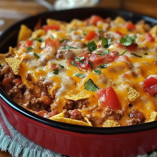 A Mexican casserole with tomatoes, cheese, and chips.