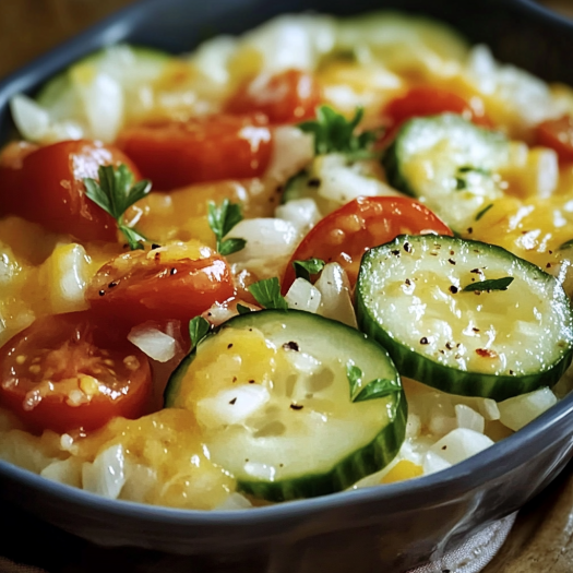 A bowl of marinated cucumber, tomato and onion salad.