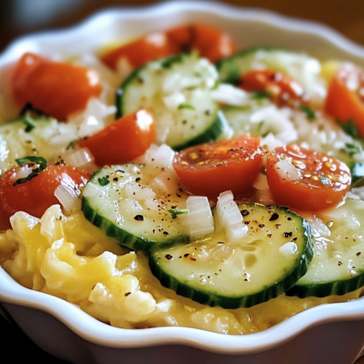 A bowl of marinated cucumber, tomato and onion salad.