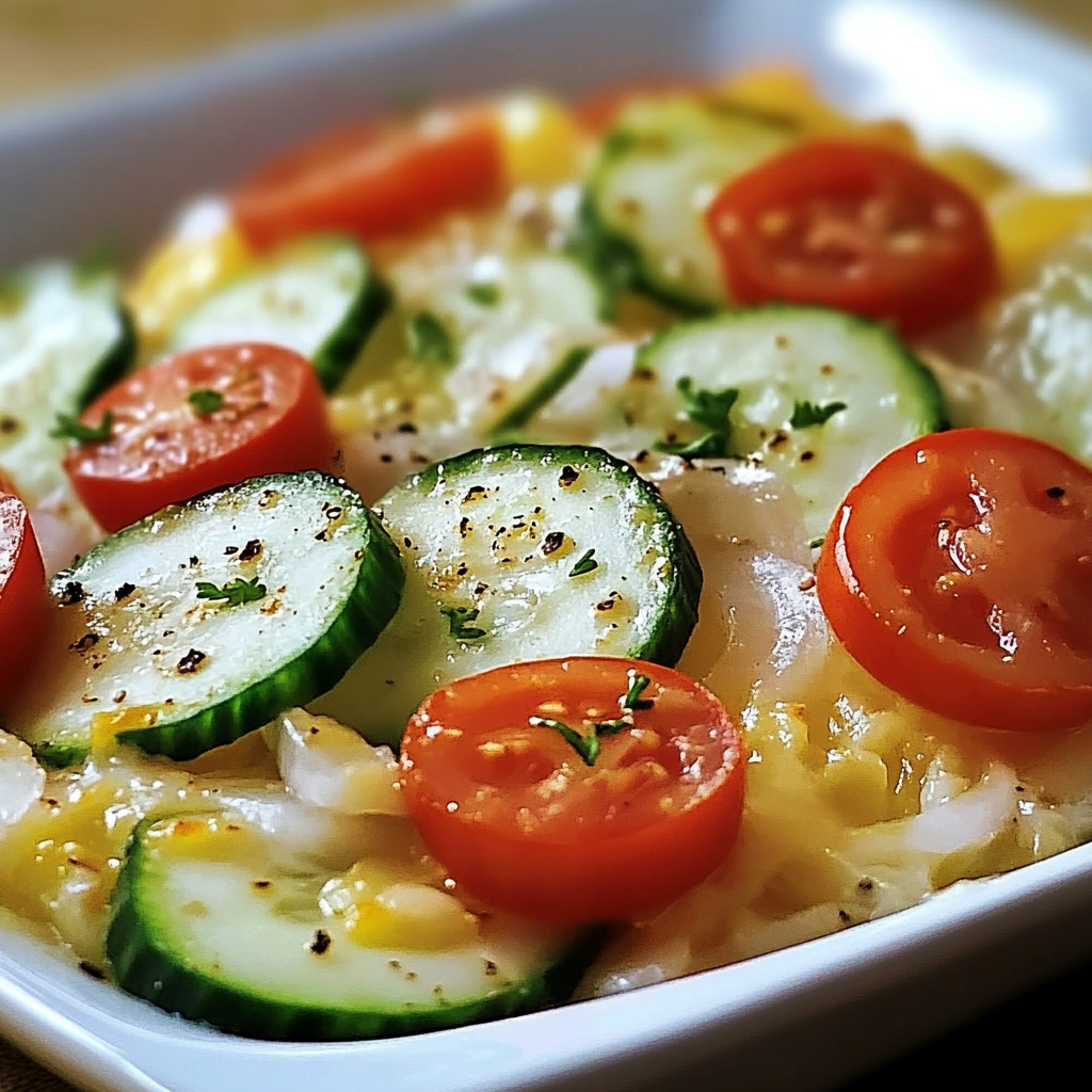 A bowl of marinated cucumber, tomato and onion salad.