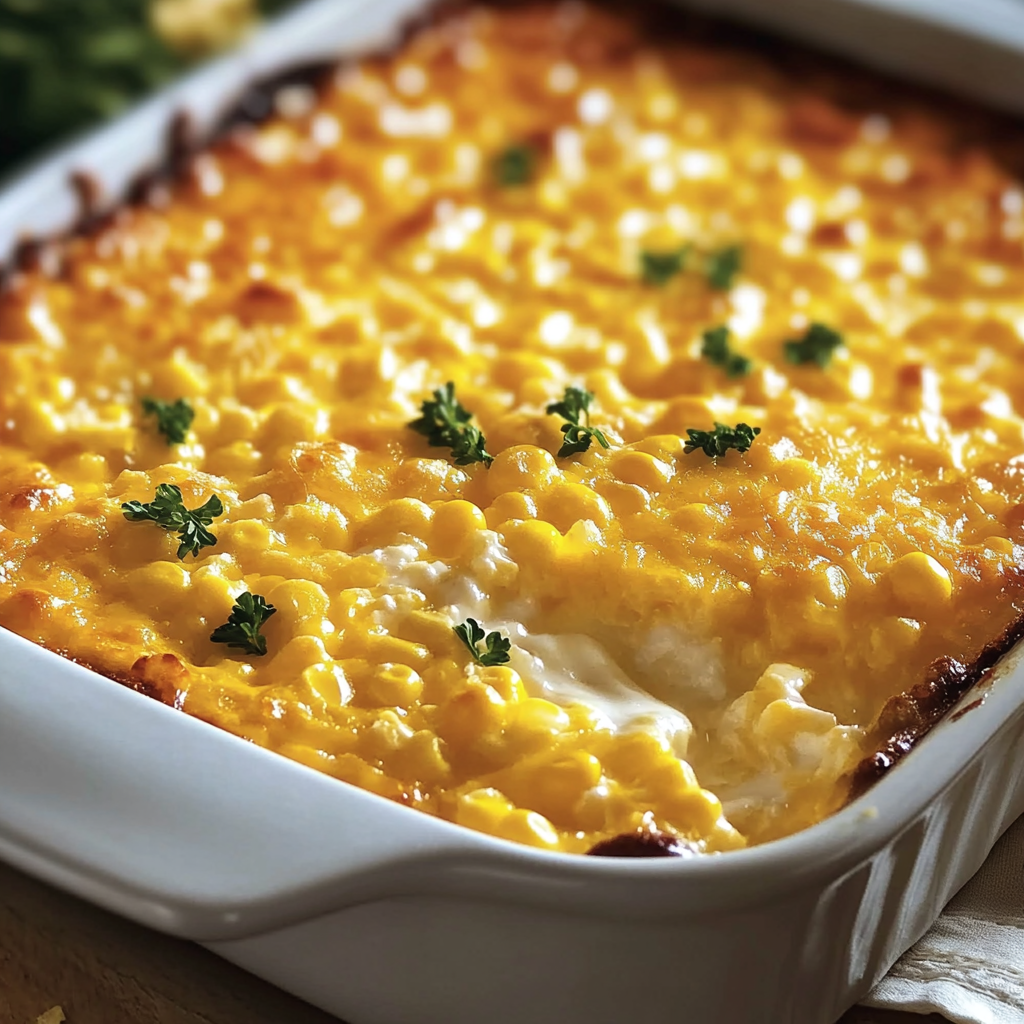 A casserole with corn and cheese.
