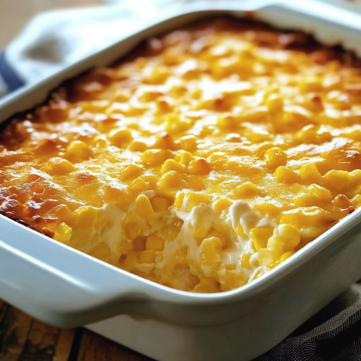 A white dish with corn casserole in it.