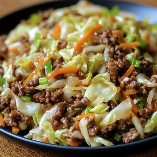 A plate of stir fry with meat and cabbage.