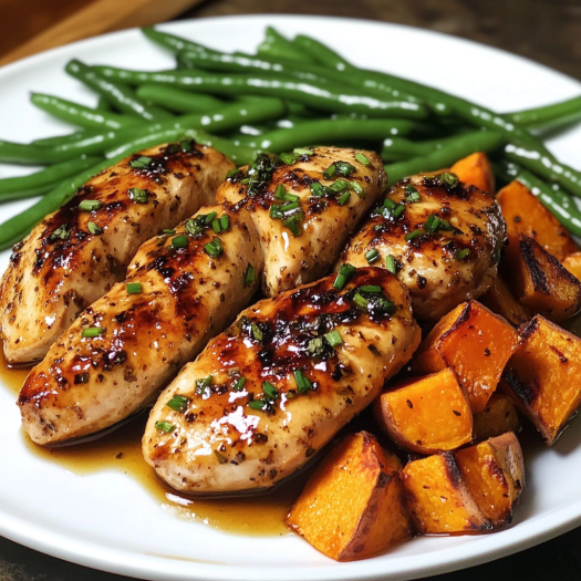 A plate of chicken with honey garlic sauce, sweet potatoes, and green beans.