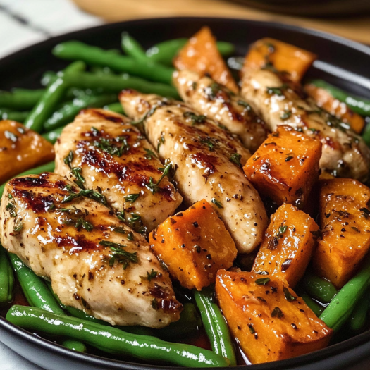 A plate of food with chicken, sweet potatoes, and green beans.