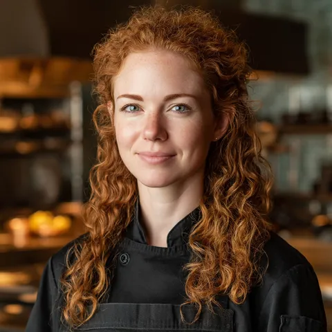 A woman with red hair and a black shirt.