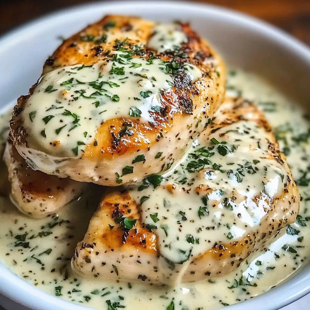 A cozy serving of chicken covered in creamy Boursin sauce with lots of fresh herbs.