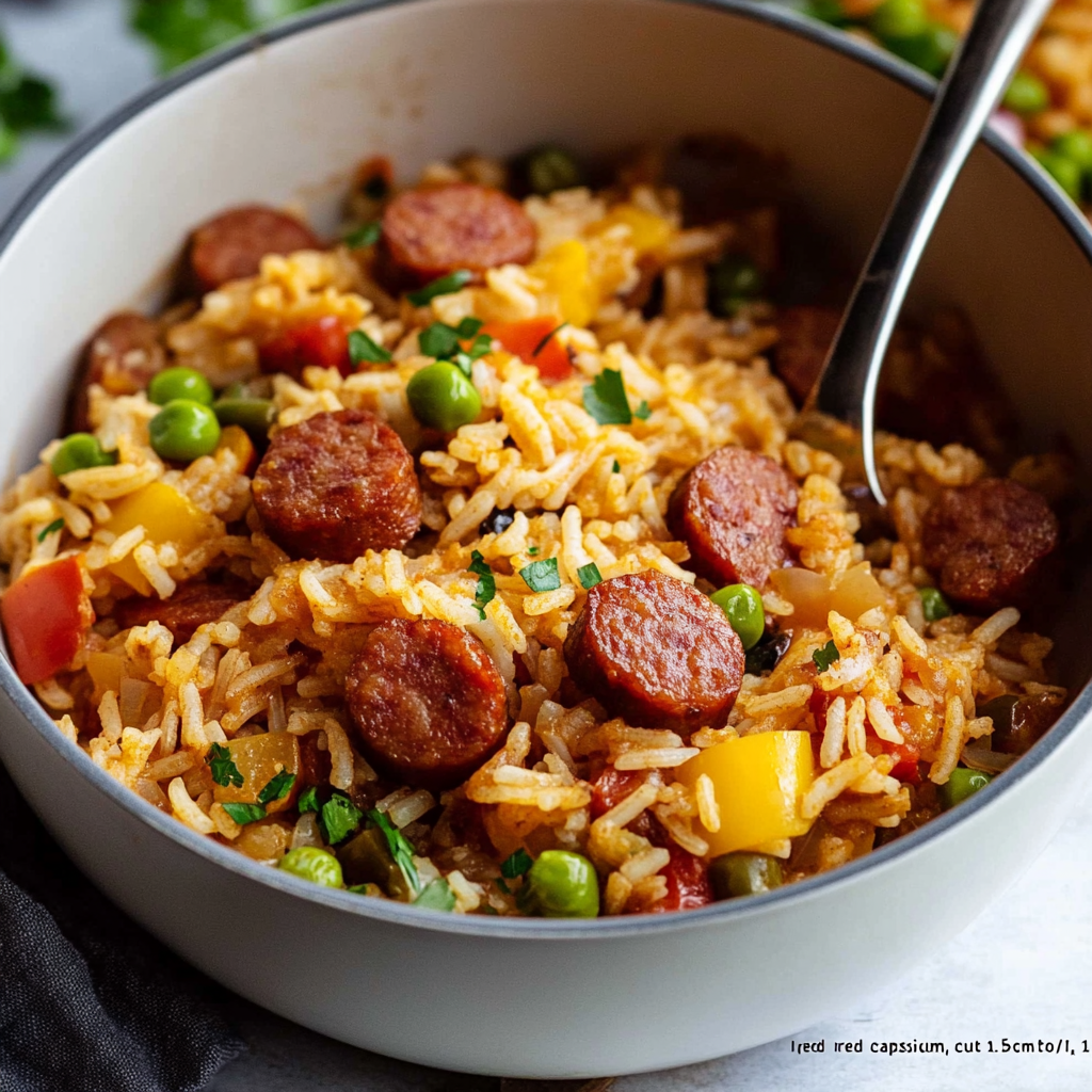 A bowl of rice and sausage with a spoon in it.