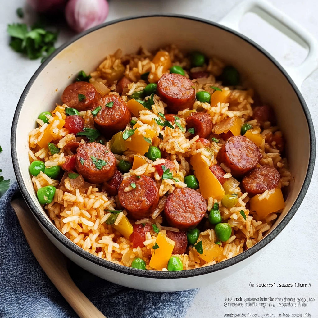 A bowl of rice with sausage, peas, and onions, with a spoon resting on the side.