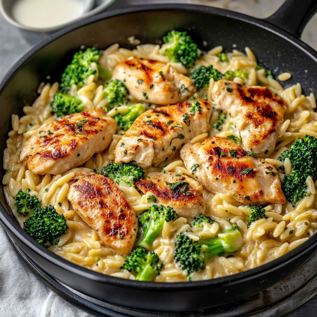 A delicious Mediterranean Creamy Chicken and Broccoli Orzo Skillet is ready to be served.