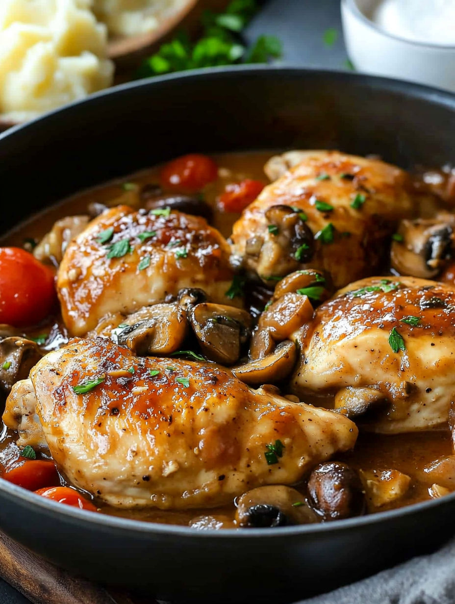 A delicious meal of chicken with mushrooms and tomatoes, served in a black bowl.